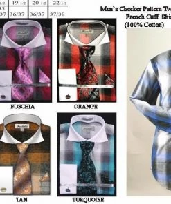 Fratello Men's Large Plaid Pattern Dress Shirts With Tie, Hanky, Cufflinks