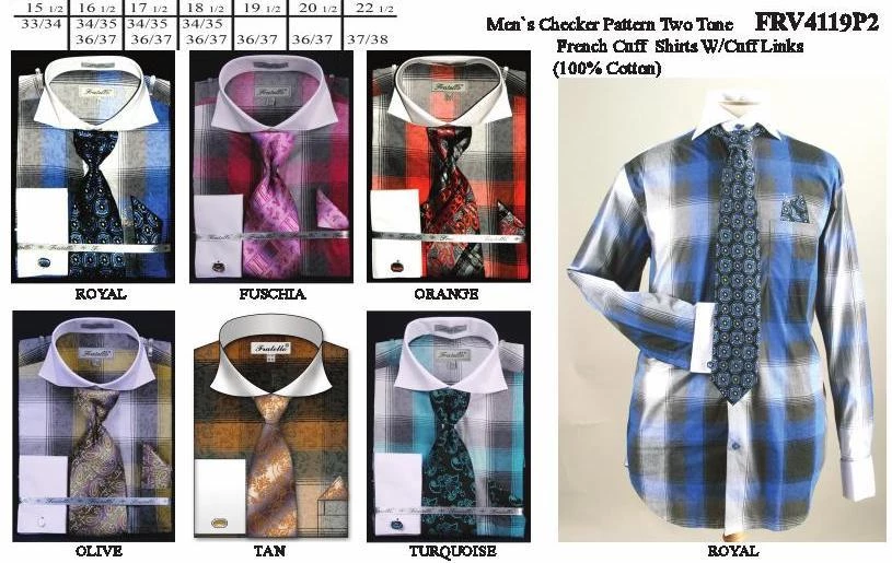 Fratello Men's Large Plaid Pattern Dress Shirts With Tie, Hanky, Cufflinks 3 Fratello Men's Large Plaid Pattern Dress Shirts With Tie, Hanky, Cufflinks