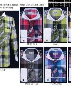Fratello Men's Large Plaid Pattern Dress Shirts With Tie, Hanky, Cufflinks