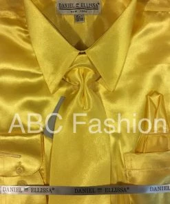Daniel Ellissa Men's Light Gold Satin Dress Shirt With Tie & Handkerchief