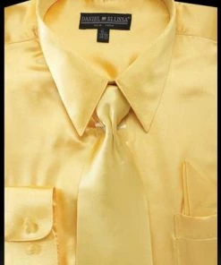Daniel Ellissa Men's Light Gold Satin Dress Shirt With Tie & Handkerchief
