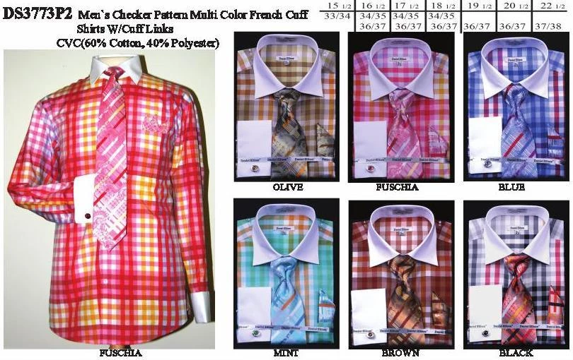 Daniel Ellissa Men's Multi Colored Checkered Dress Shirts With Tie, Hanky, Cufflinks 3 Daniel Ellissa Men's Multi Colored Checkered Dress Shirts With Tie, Hanky, Cufflinks