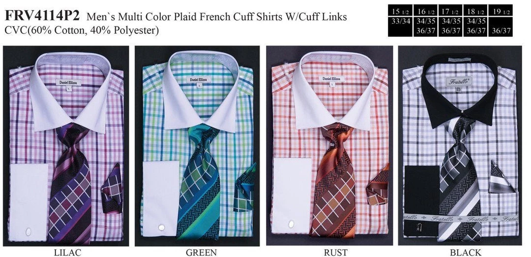 Fratello Men's Multi Colored Checkered Dress Shirts With Tie, Hanky, Cufflinks 3 Fratello Men's Multi Colored Checkered Dress Shirts With Tie, Hanky, Cufflinks