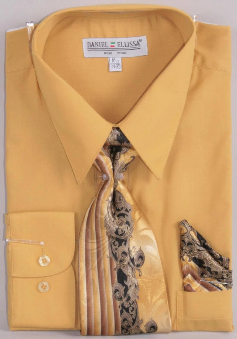 Daniel Ellissa Men's Mustard Dress Shirt With Poly Necktie And Hanky Set 3 Daniel Ellissa Men's Mustard Dress Shirt With Poly Necktie And Hanky Set