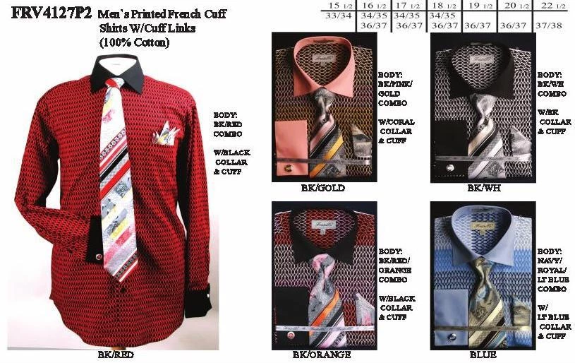 Fratello Men's Printed French Cuff Dress Shirts With Tie, Hanky, Cufflinks 3 Fratello Men's Printed French Cuff Dress Shirts With Tie, Hanky, Cufflinks