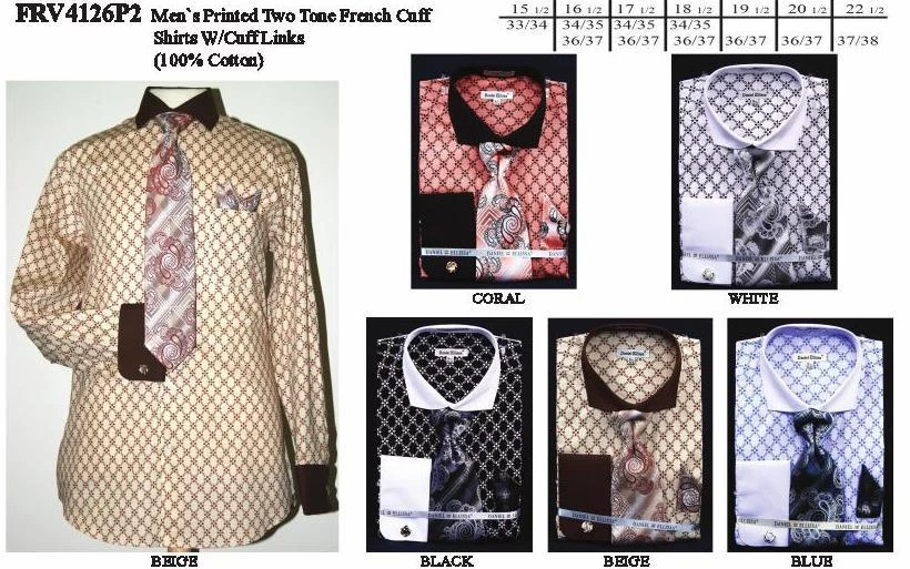 Daniel Ellissa Men's Printed Two Tone French Cuff Dress Shirts With Tie, Hanky, Cufflinks 3 Daniel Ellissa Men's Printed Two Tone French Cuff Dress Shirts With Tie, Hanky, Cufflinks