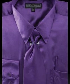 Daniel Ellissa Men's Purple Satin Dress Shirt With Tie & Handkerchief
