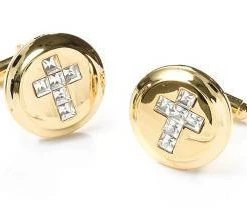 ABC Fashion Mens Religious Gold Cufflinks With Cross And Clear Crystals