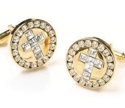 ABC Fashion Mens Religious Gold Cufflinks With Cross And Clear Crystals
