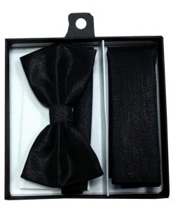 Vesuvio Napoli Men Metallic Black Bow Tie With Pocket Square (Pointed Tip)