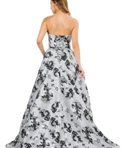 Metallic Floral Print Long Strapless Dress By Poly USA 8484 Prom
