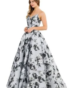 Metallic Floral Print Long Strapless Dress By Poly USA 8484 Prom