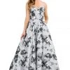 Metallic Floral Print Long Strapless Dress By Poly USA 8484 Prom