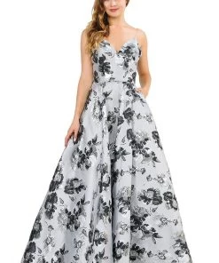 Metallic Floral Print Long Strapless Dress By Poly USA 8484 Prom