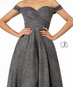 Metallic Glitter Long Off Shoulder Dress By Elizabeth K GL1827