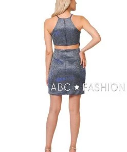 Metallic Glitter Short High-Neck Dress With Cutout Back By Poly USA 8214