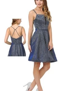 Metallic Glitter Short Illusion Dress With Side Pockets By Poly USA 8442