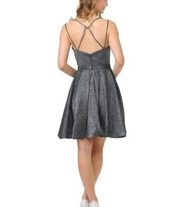 Metallic Glitter Short Illusion Dress With Side Pockets By Poly USA 8442