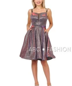 Metallic Glitter Short Illusion Dress With Side Pockets By Poly USA 8442