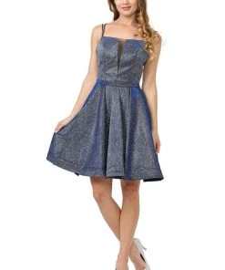 Metallic Glitter Short Illusion Dress With Side Pockets By Poly USA 8442