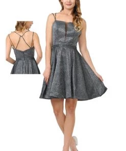 Metallic Glitter Short Illusion Dress With Side Pockets By Poly USA 8442