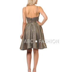 Metallic Glitter Short V-Neck Dress With Side Pockets By Poly USA 8304 Prom