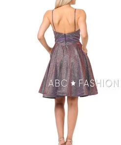 Metallic Glitter Short V-Neck Dress With Side Pockets By Poly USA 8304 Prom