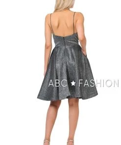Metallic Glitter Short V-Neck Dress With Side Pockets By Poly USA 8304 Prom