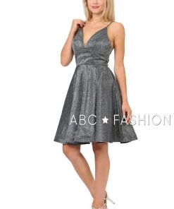 Metallic Glitter Short V-Neck Dress With Side Pockets By Poly USA 8304 Prom