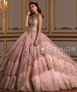 Quinceañera Metallic Lace Strapless Quinceanera Dress By House Of Wu 26938