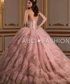 Quinceañera Metallic Lace Strapless Quinceanera Dress By House Of Wu 26938