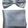 Vesuvio Napoli Metallic Silver Bow Tie With Pocket Square (Pointed Tip)