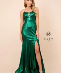 Prom Metallic Spandex Gown With Front Lace-Up By Nox Anabel M413