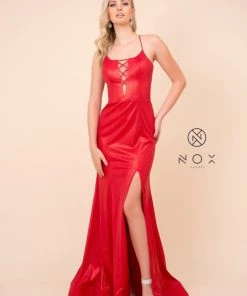 Prom Metallic Spandex Gown With Front Lace-Up By Nox Anabel M413