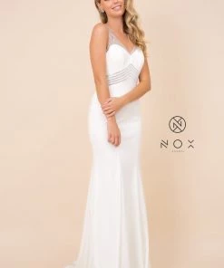 Prom Metallic Striped Fitted Gown With Back Cutout By Nox Anabel T253