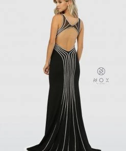 Prom Metallic Striped Fitted Gown With Back Cutout By Nox Anabel T253
