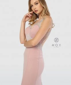 Prom Metallic Striped Fitted Gown With Back Cutout By Nox Anabel T253