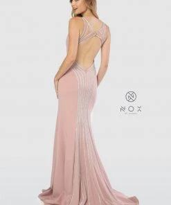 Prom Metallic Striped Fitted Gown With Back Cutout By Nox Anabel T253