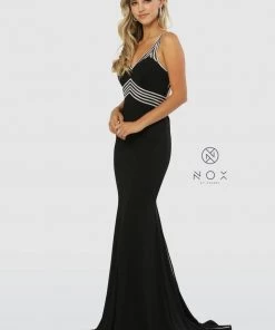 Prom Metallic Striped Fitted Gown With Back Cutout By Nox Anabel T253