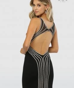 Prom Metallic Striped Fitted Gown With Back Cutout By Nox Anabel T253