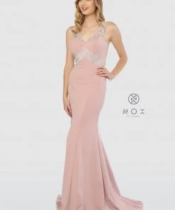 Prom Metallic Striped Fitted Gown With Back Cutout By Nox Anabel T253