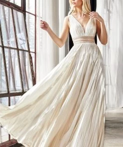 Prom Metallic V-Neck Gown By Cinderella Divine CJ537