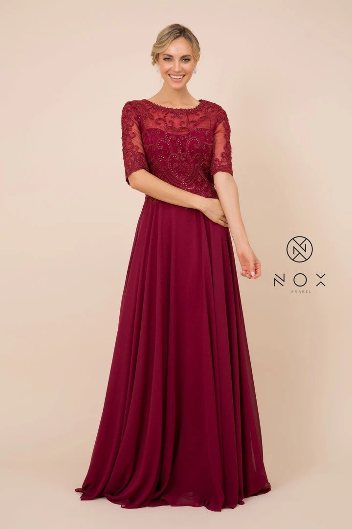 Mid-Sleeve Gown With Embellished Bodice By Nox Anabel Y538 5 Mid-Sleeve Gown With Embellished Bodice By Nox Anabel Y538