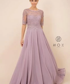 Mid-Sleeve Gown With Embellished Bodice By Nox Anabel Y538 13 Mid-Sleeve Gown With Embellished Bodice By Nox Anabel Y538