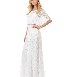 Lenovia Mint Long Sequined Lace Dress With Lace Caplet