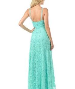 Lenovia Mint Long Sequined Lace Dress With Lace Caplet