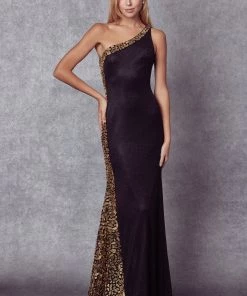 Mirror Beaded Fitted One Shoulder Gown By Juliet 253