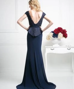 Fitted Cap Sleeve Lace Dress With Slit By Cinderella Divine DS317 Prom