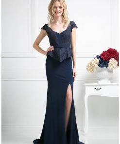 Fitted Cap Sleeve Lace Dress With Slit By Cinderella Divine DS317 Prom