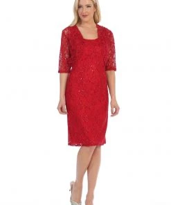 Modest Short Lace Dress With Matching Jacket By Celavie 2462-S Bridesmaid Dresses